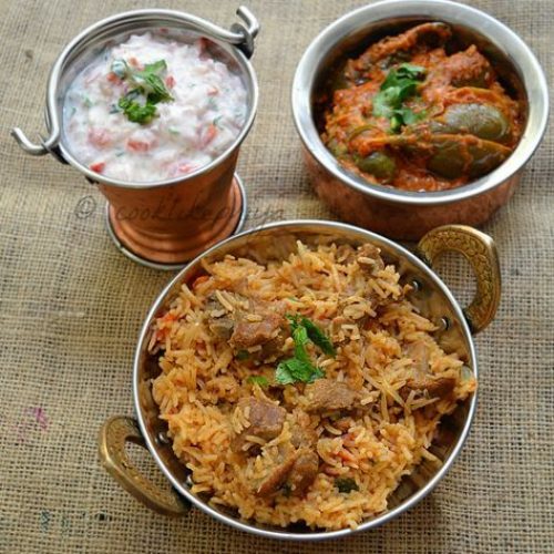 Mutton-biriyani_Onion-raitha_brinjal-gravy